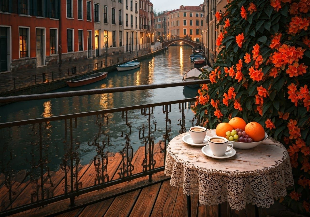 Cozy Canal Balcony Scene with Lantern Glow