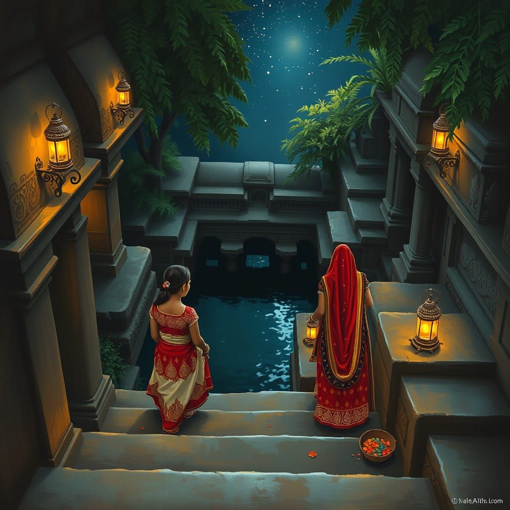 Girls Descend into a Serene Indian Stepwell at Night