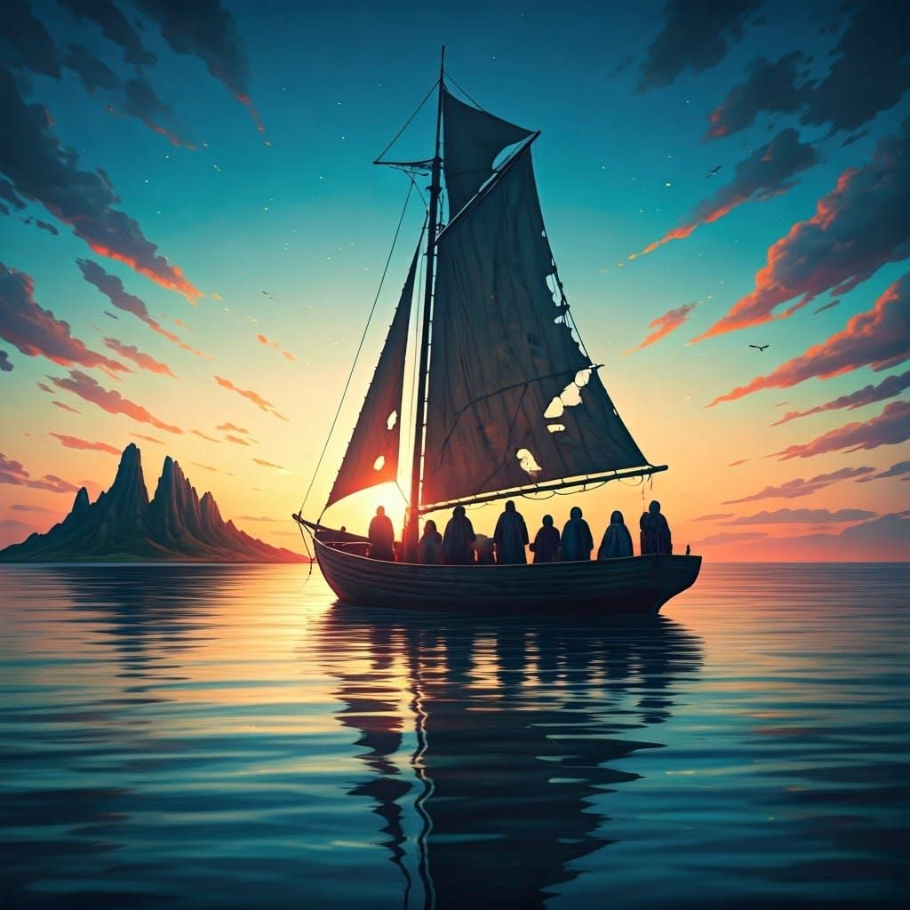 Refugees Sail Towards Hopeful Horizon at Sunset