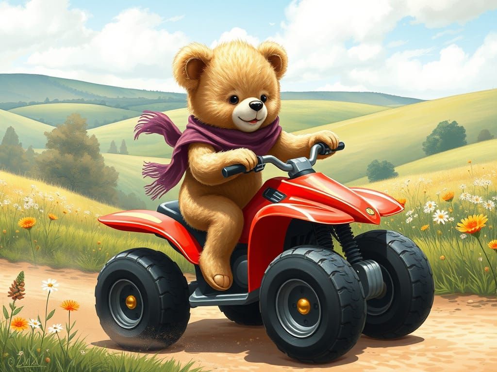 Teddy Bear Rides ATV in Whimsical Landscape