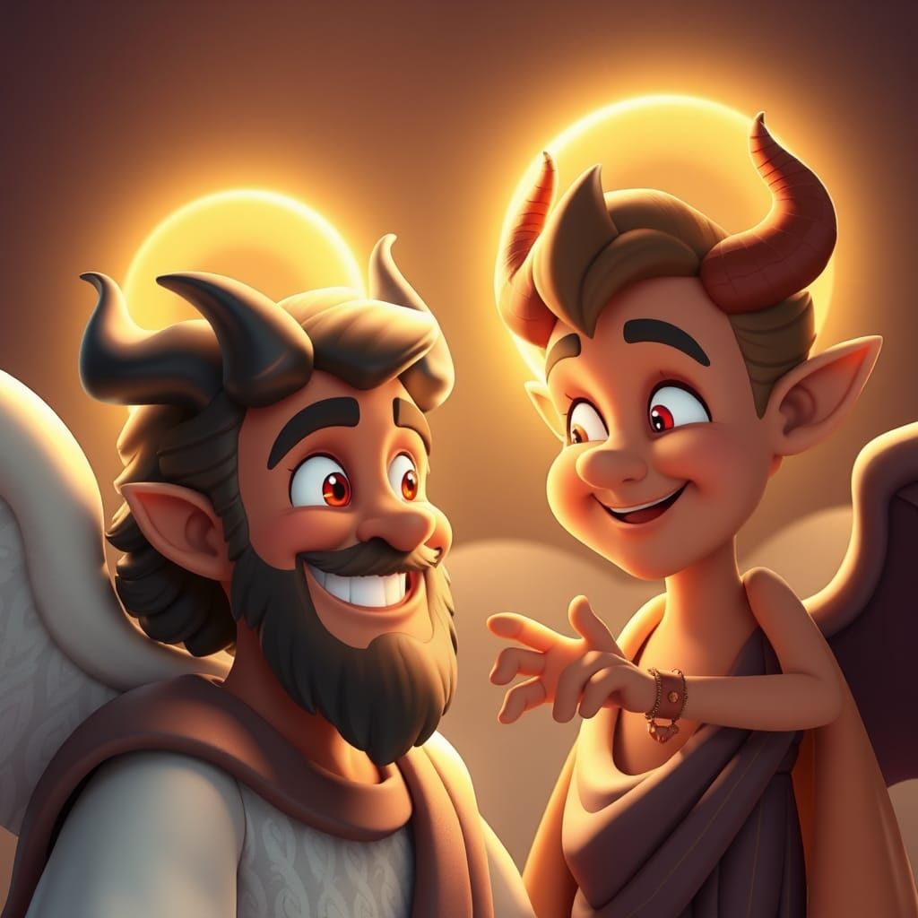 God and Devil: A Pixar-Style 3D Harmony