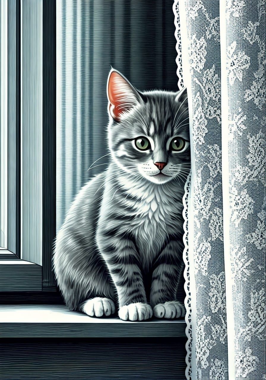 Whimsical Grey Kitten Peeks from Behind Lace Curtain