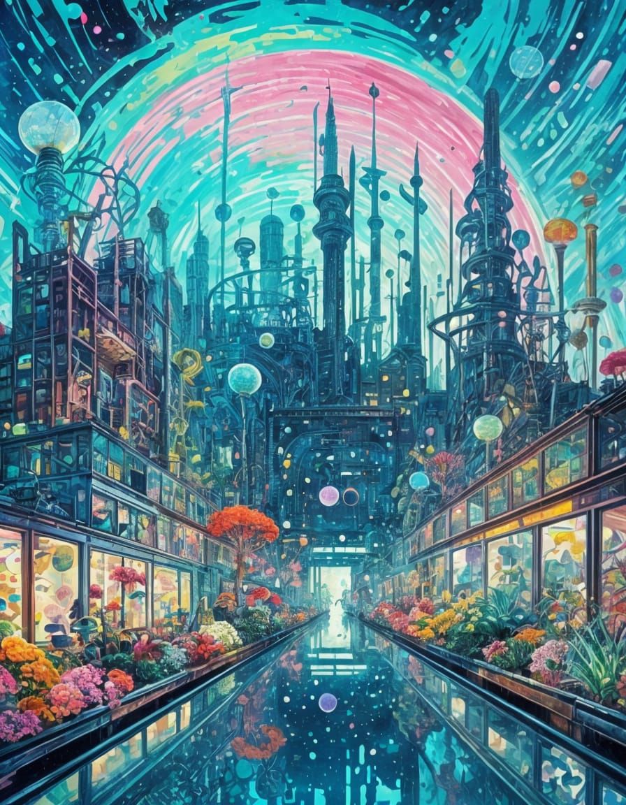 Retrofuturistic Greenhouse City with Vibrant Flora
