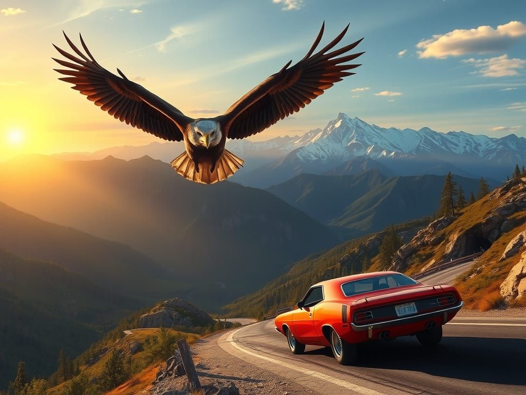 Eagle Soars Over Mountain Road With Classic Car