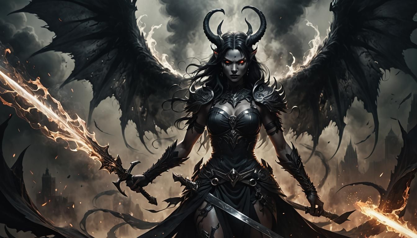 Dark Fantasy Demoness with Shadow Wings