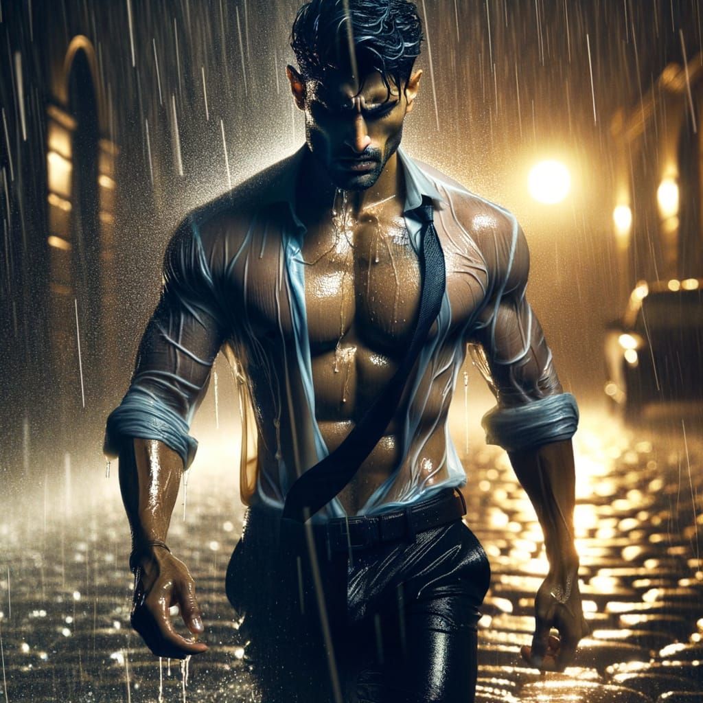 Man in Rain on Stormy Night