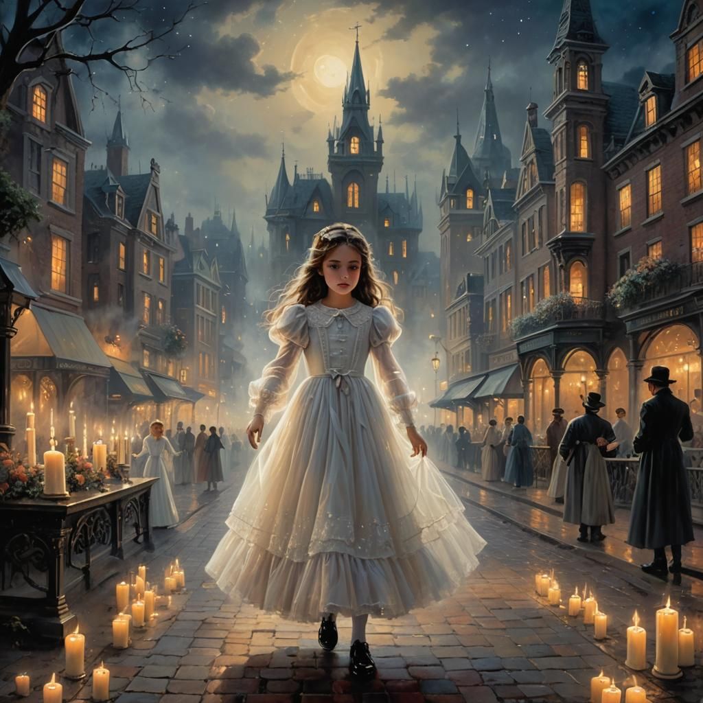 Ethereal Victorian Ghost Girl in Misty Town Square