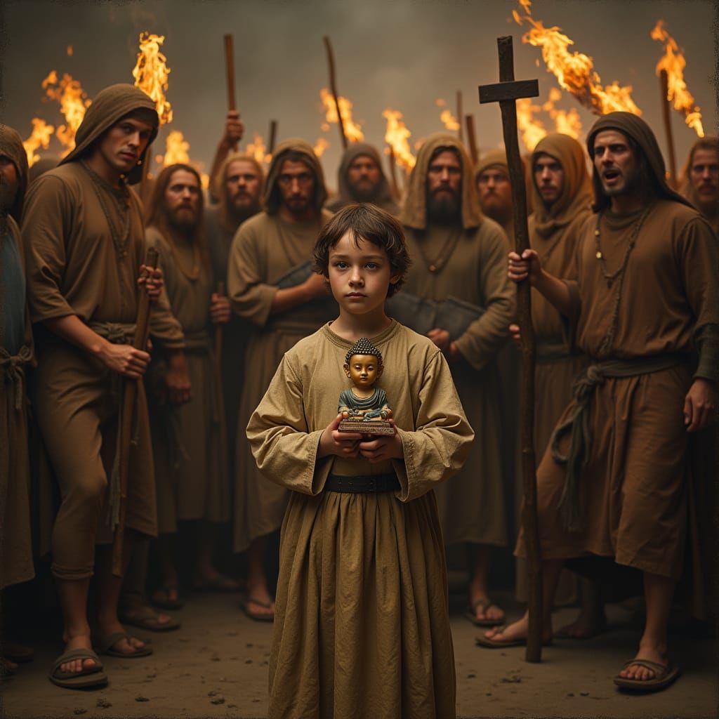 Angry Villagers Confront a Serene Young Boy in a Renaissance...