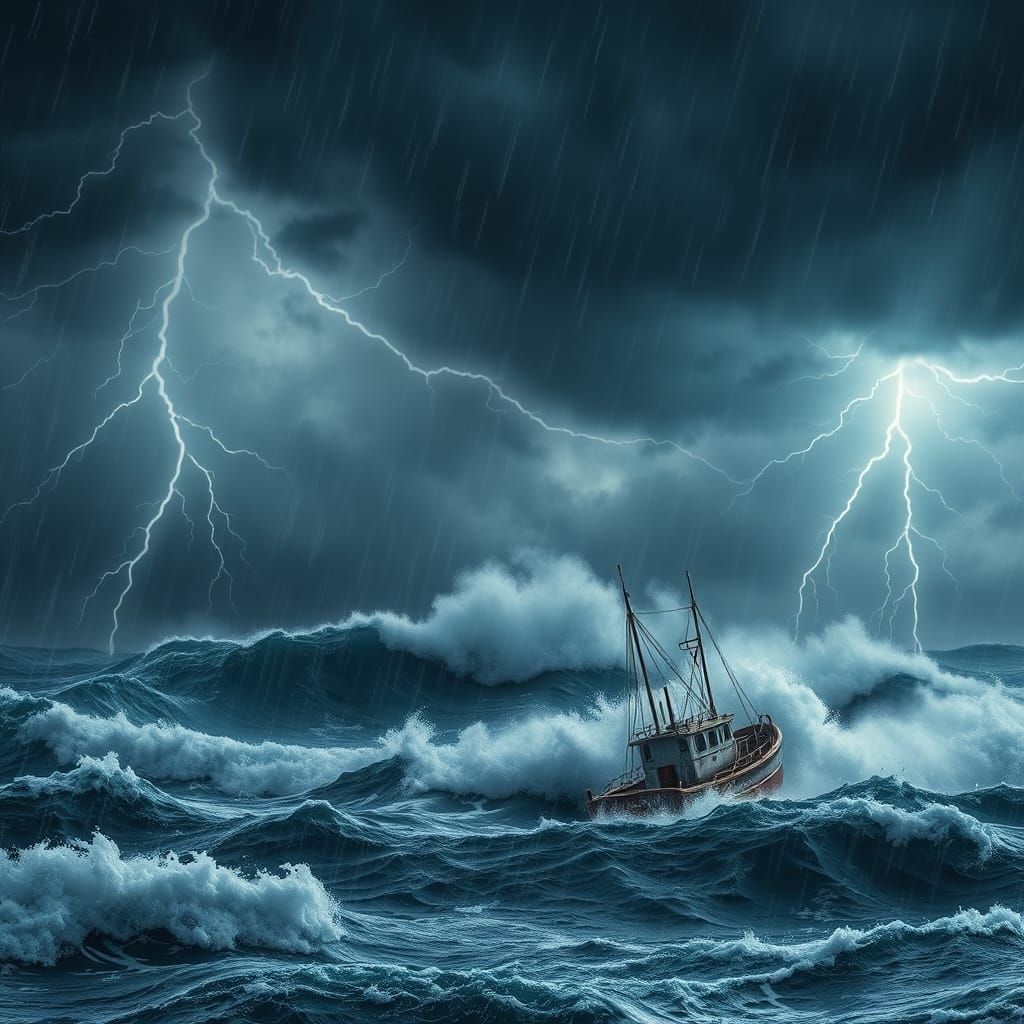Fishing Boat in Stormy Sea, Photorealistic 8K