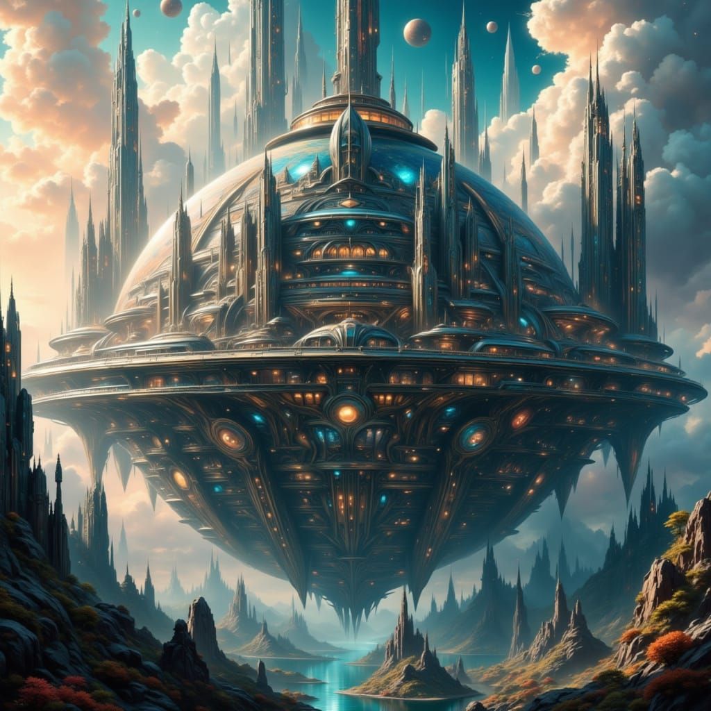 Massive Celestial Palace Orbiting Earth in Sci-Fi Style