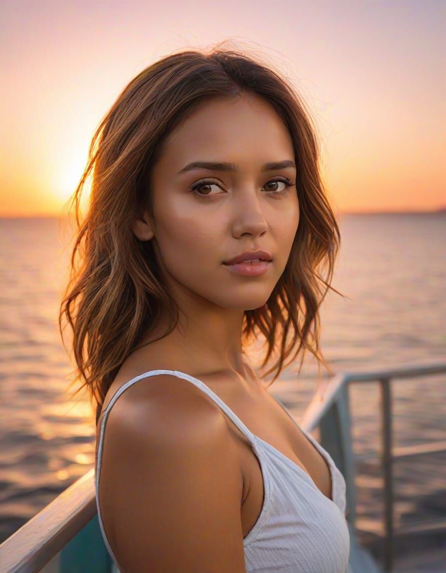 Jessica Alba on a Boat Deck at Sunset