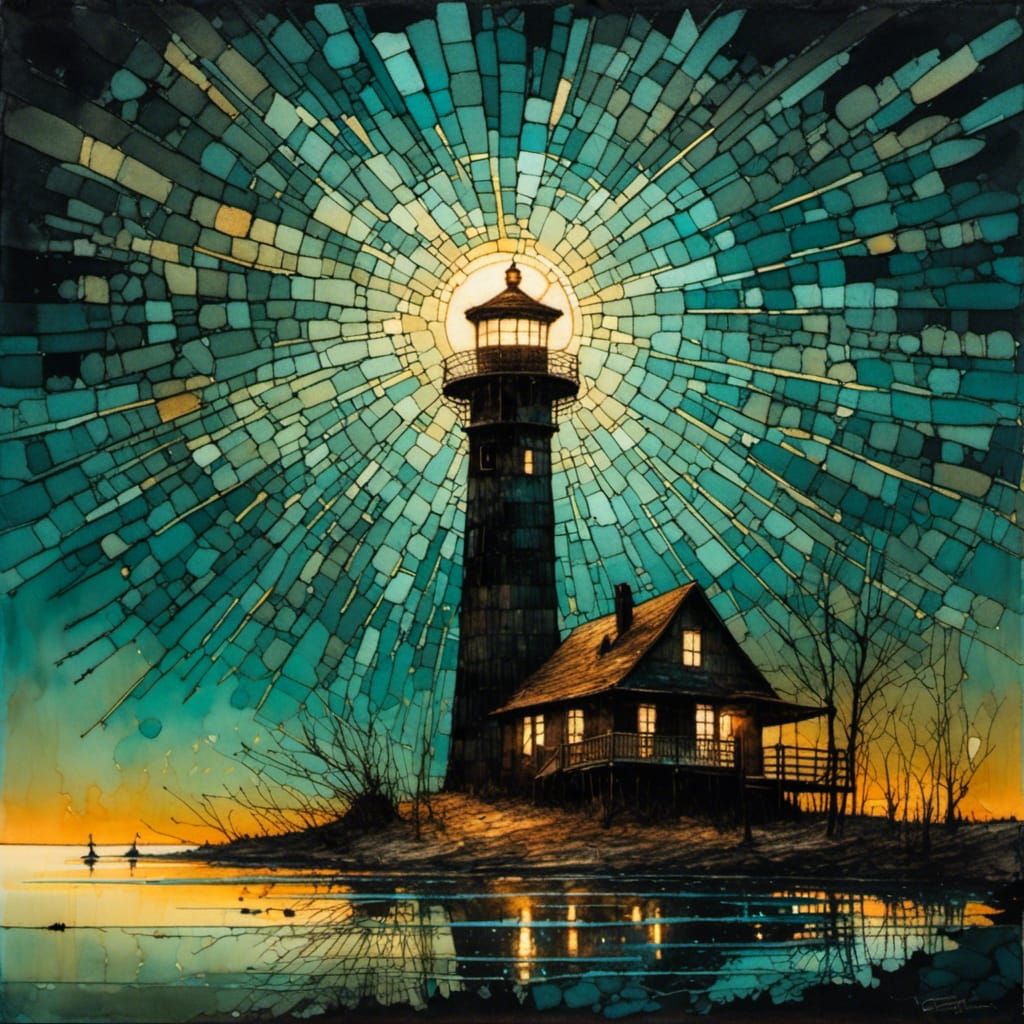 Lighthouse Illuminates Spaceship in Eerie Surrealism