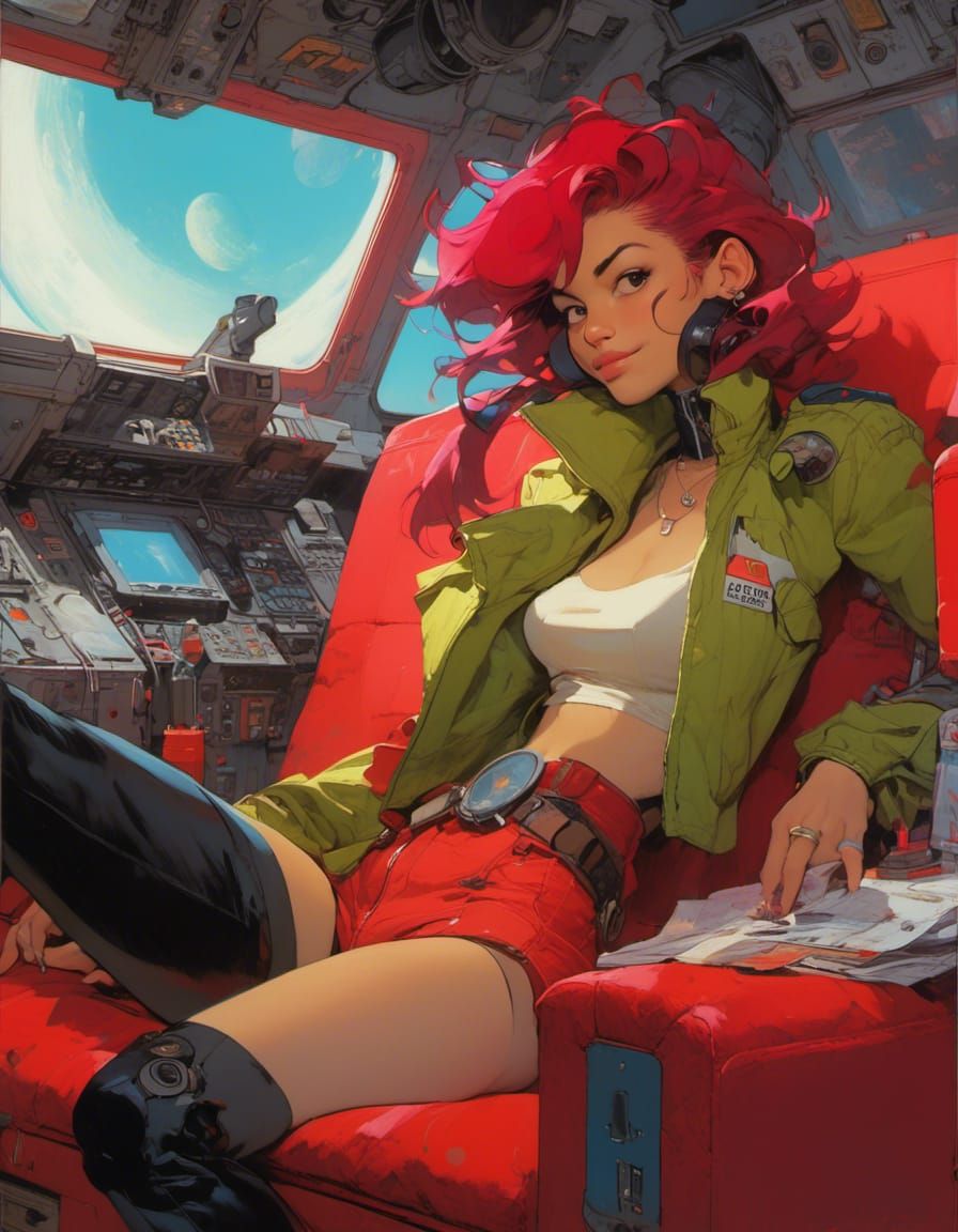 Anime Woman on Retro Couch in Spaceship
