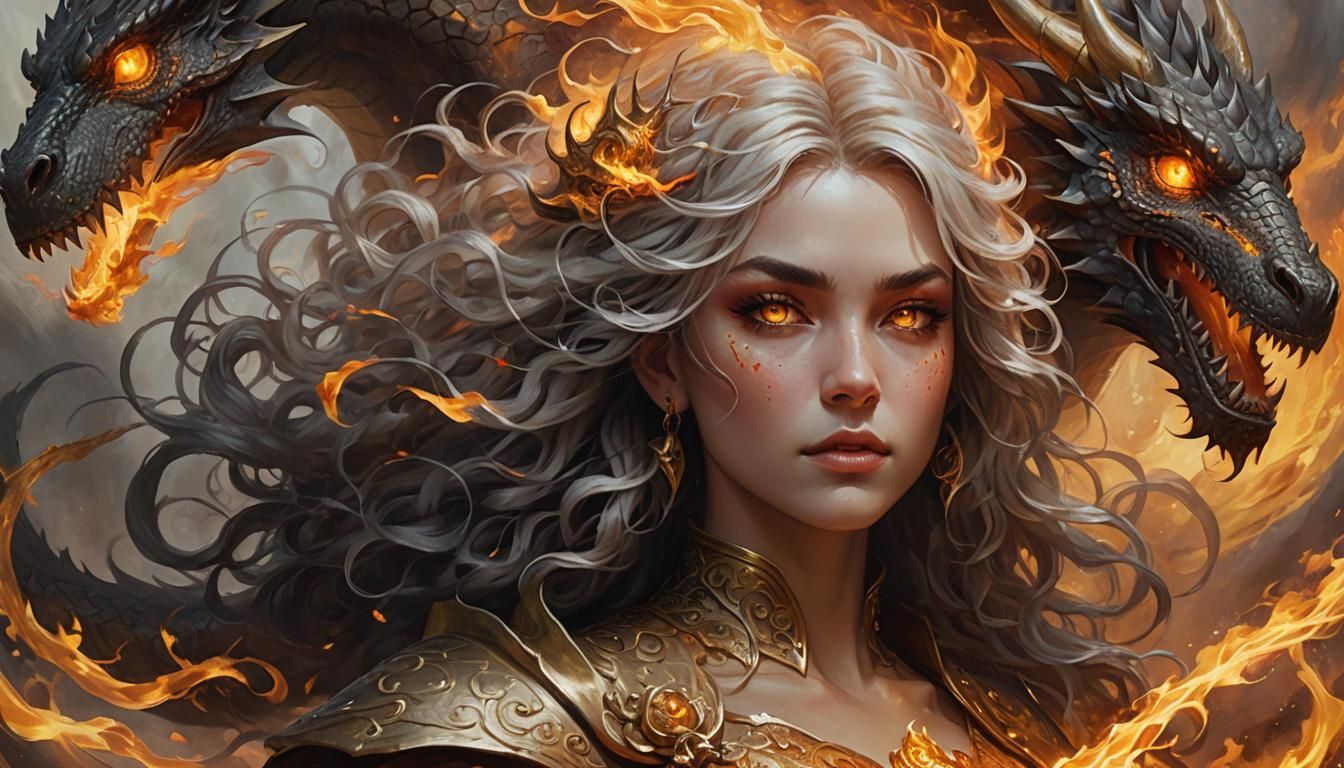Fantasy Fire Girl and Dragon Portrait on Artstation