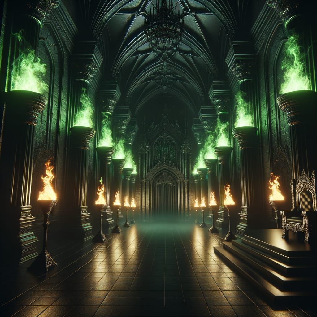 Ominous Castle Interior with Green Torches and Throne