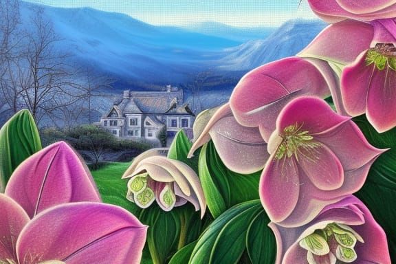 Glass Mansion with Icy Mountains in Pastel Colors