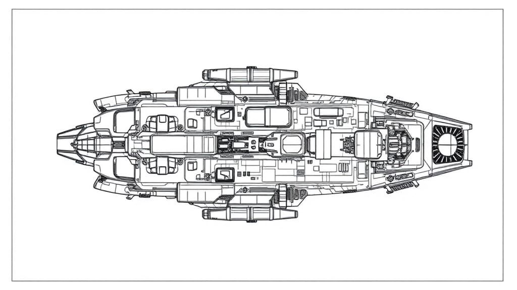 Sci-Fi Cargo Ship Blueprint Deckplan in Black and White