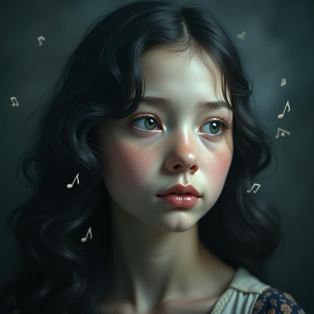 Melancholic Girl with Musical Notes in Art Nouveau Style