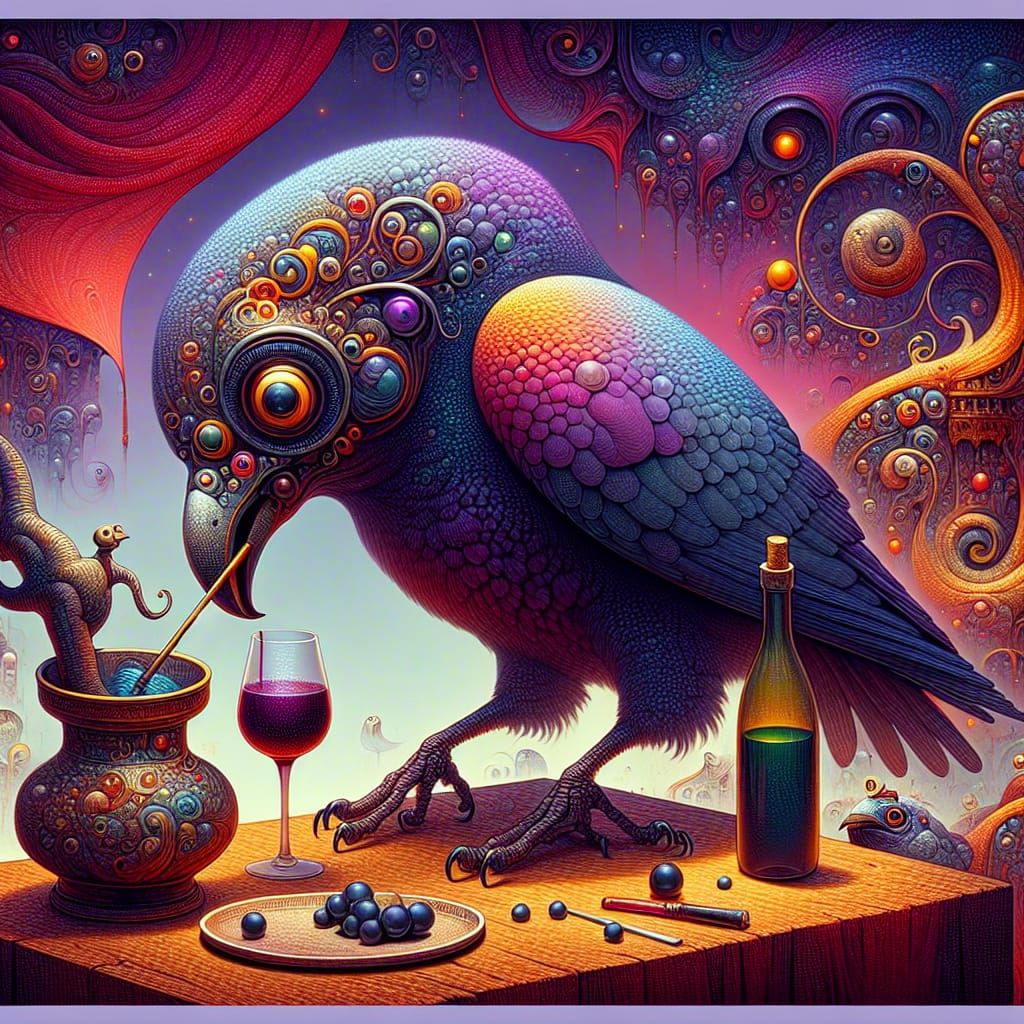 Cartoon Bird with Wine Glass in Fantasy Art Style