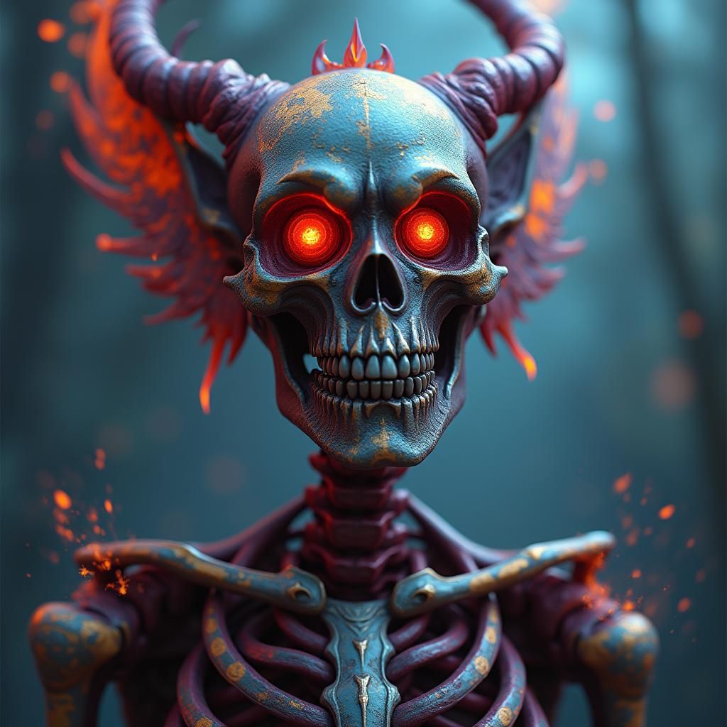 Ornate Skeleton with Fiery Eyes in Dark Fantasy Style