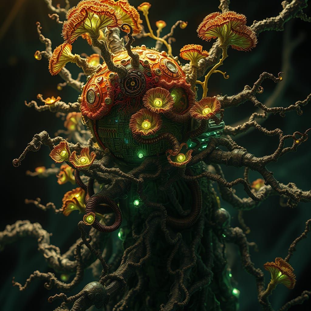 Biomechanical Mycelial Chimera in Dark Fantasy Style