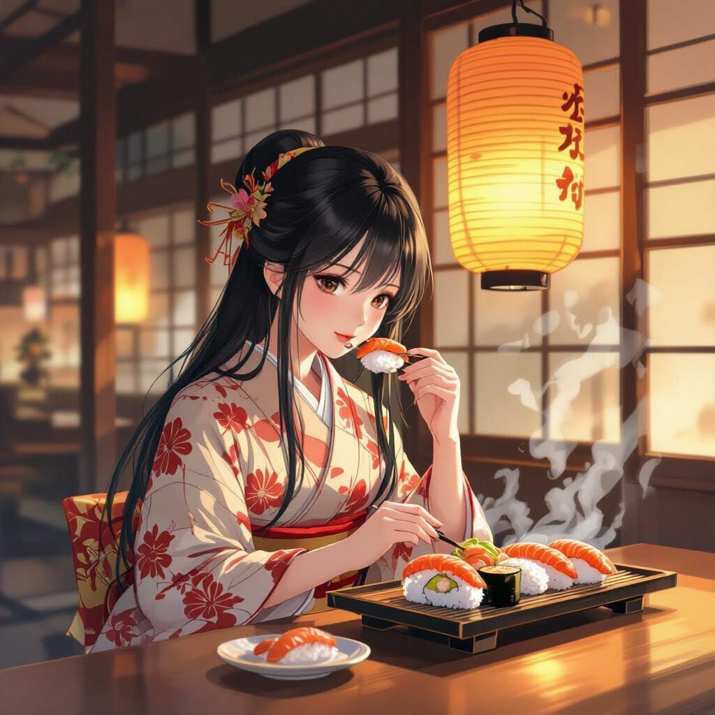 Japanese Girl Enjoys Sushi in Lantern Light