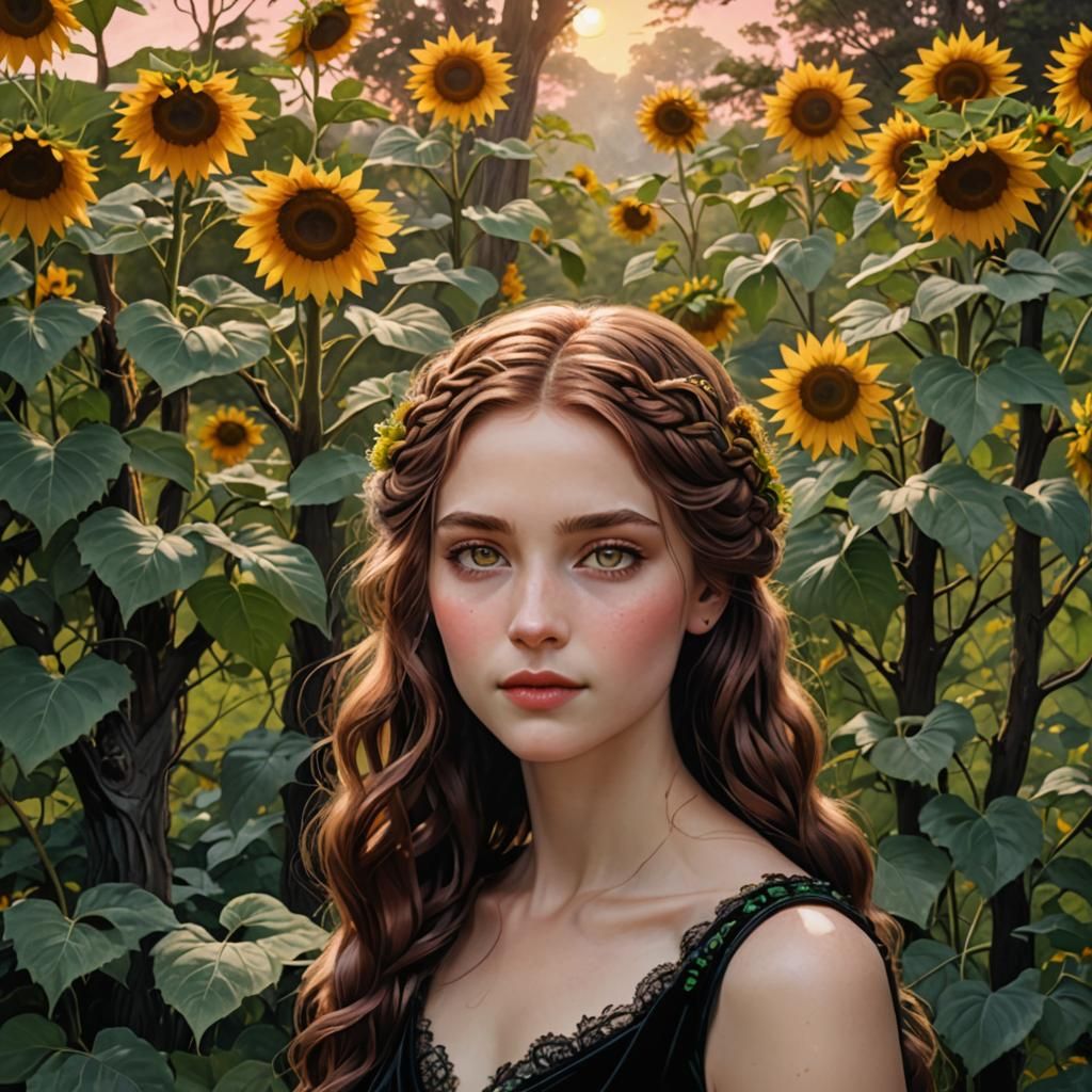 Green-Eyed Woman with Sunflower in Gothic Setting