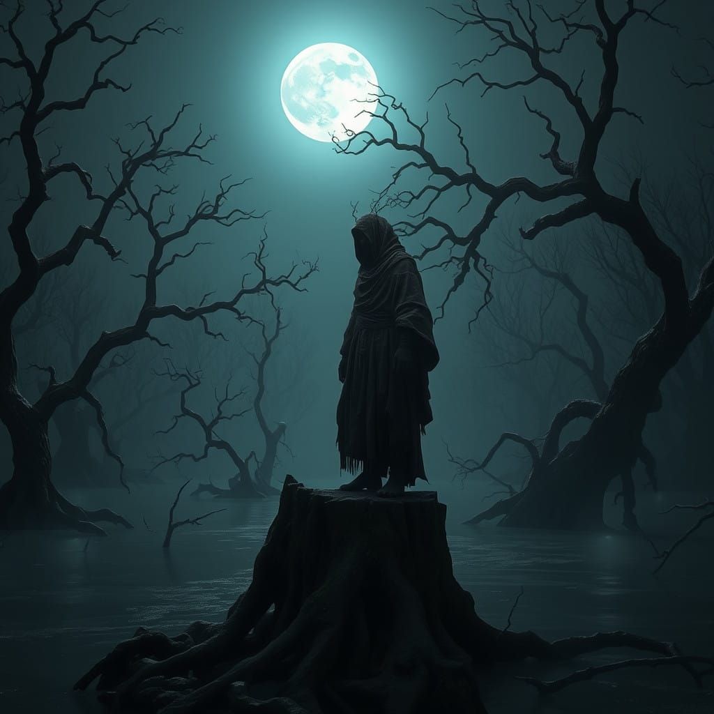 Desolate Figure Under a Haunting Swamp Moon