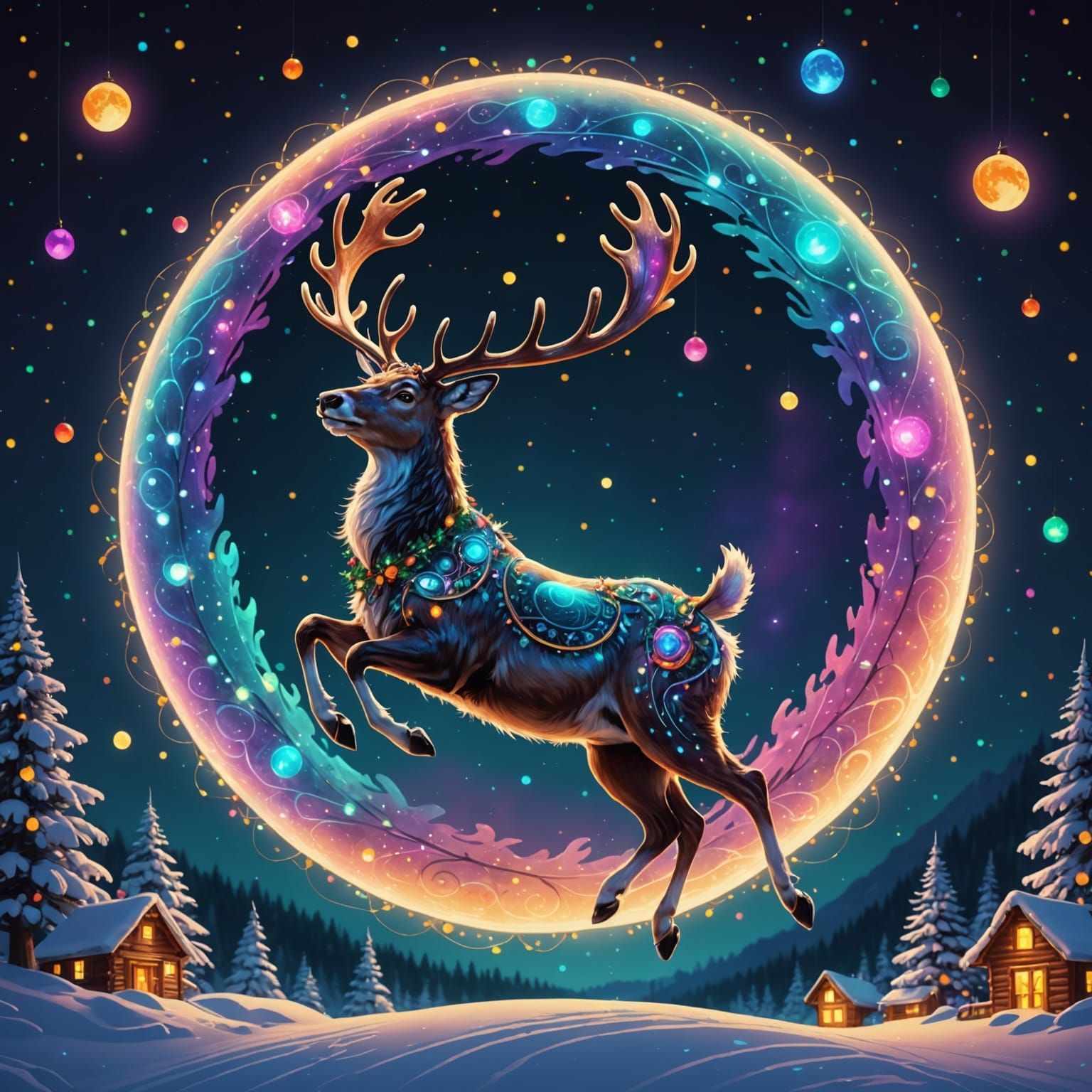 Reindeer Leaping Over the Moon in Vibrant, Cel-Shaded Style