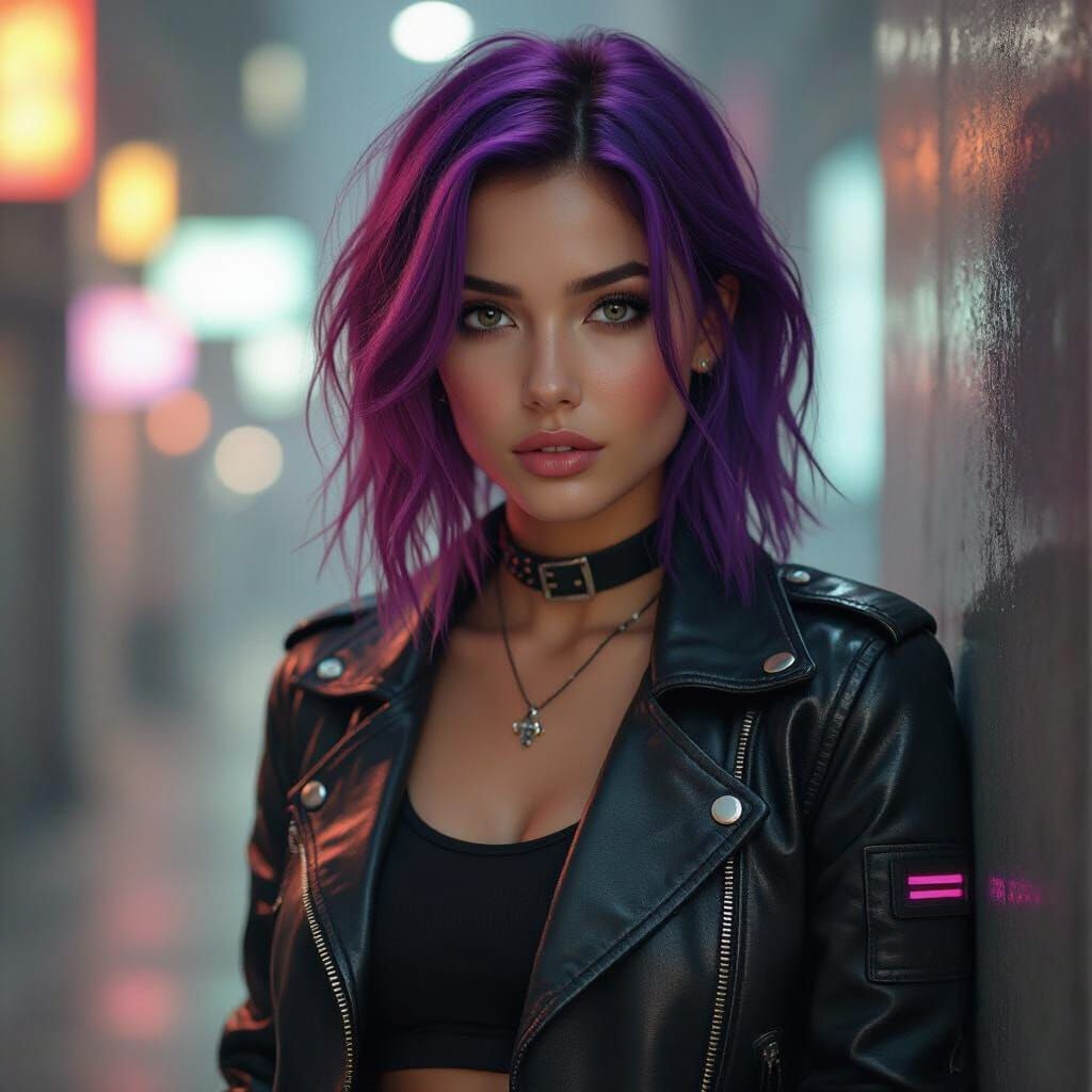 Cyberpunk Girl with Purple Hair in Moody Lighting