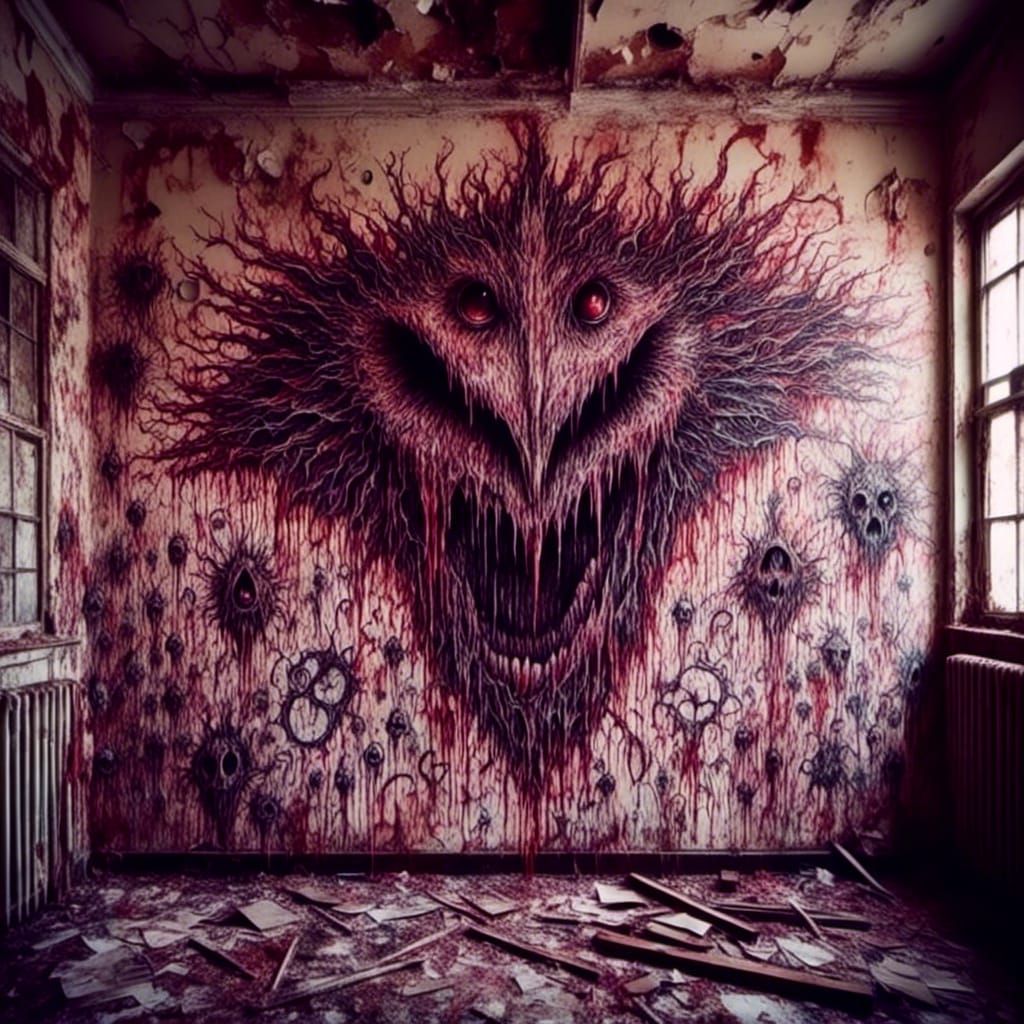 Macabre Satanic Drawings in Abandoned School, Hyperrealism