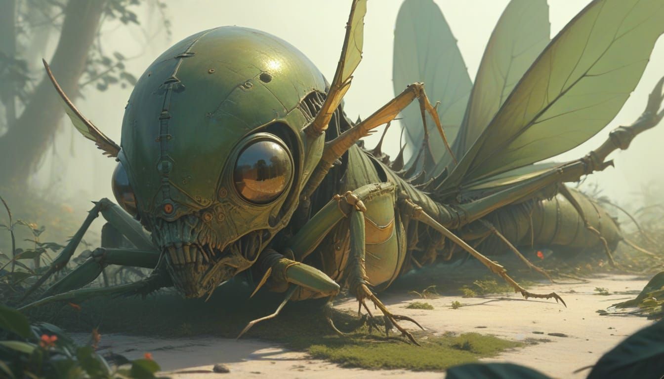 Deadly Female Mantis in Biomechanical Moonlit Garden