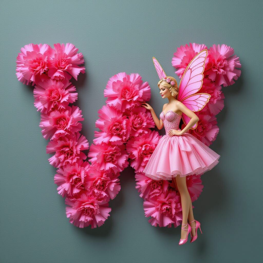 Pink Fairy Beside Carnation Letter W