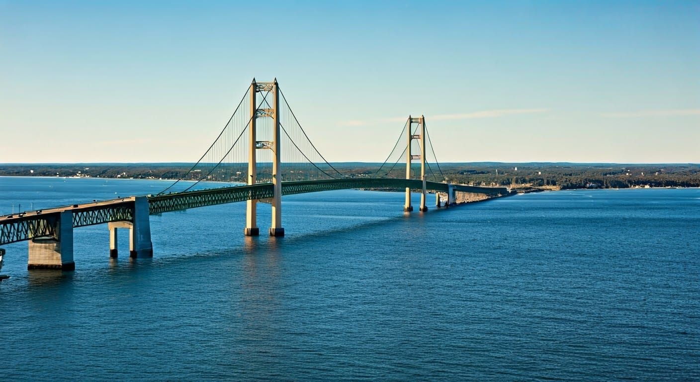 Michigan's Iconic Mackinac Bridge Soars Above the Straits in...