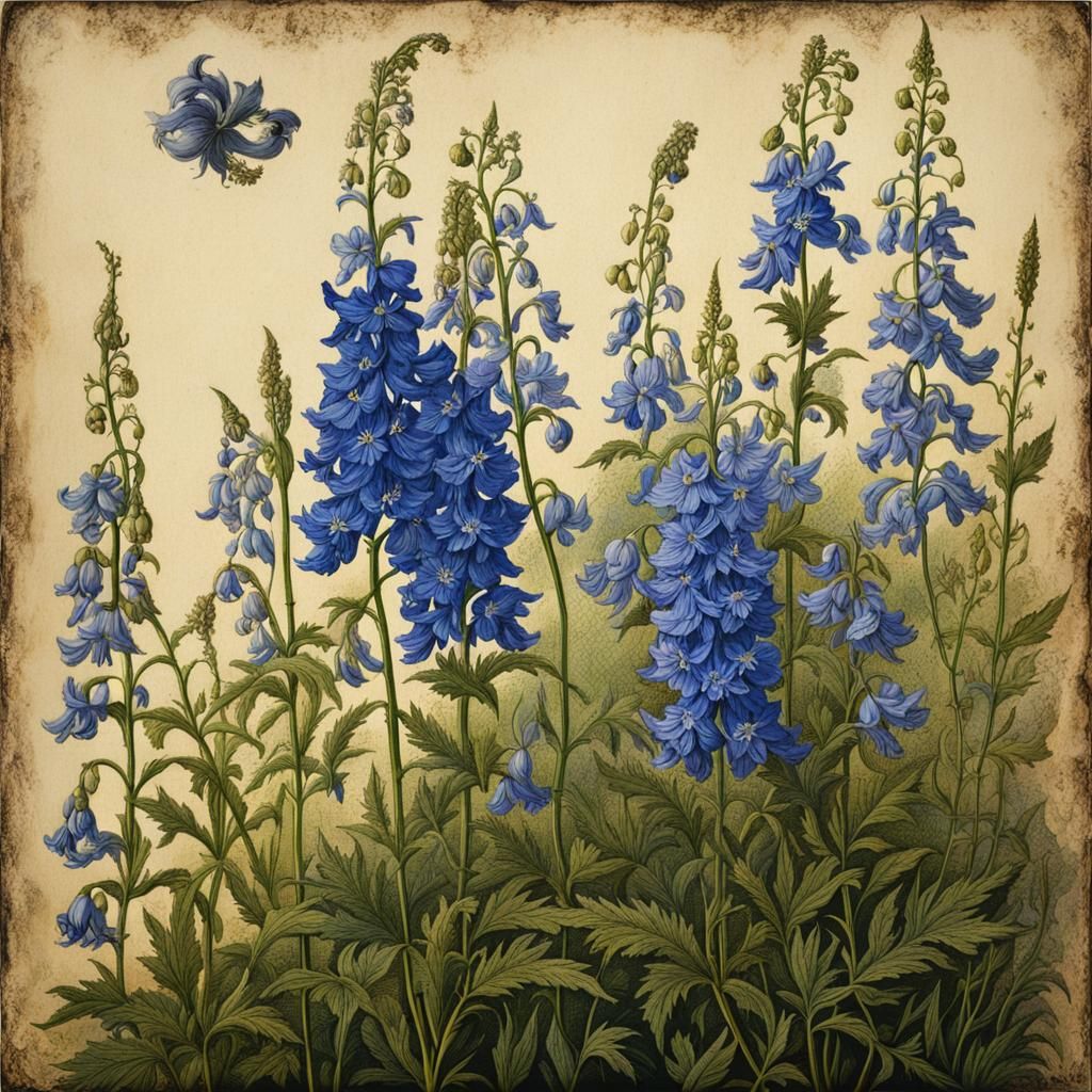 Delphinium and Monkshood Woodcut: Intricate Floral Art