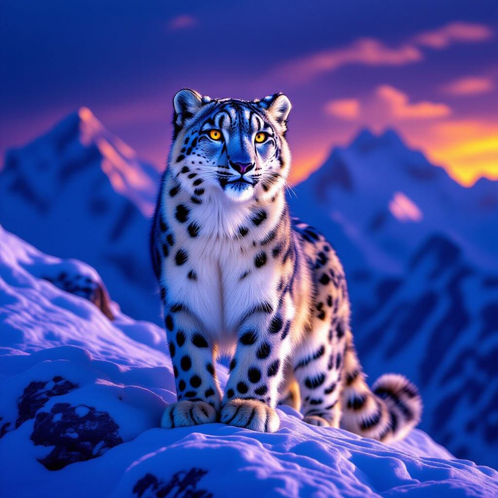 Snow Leopard on Icy Ridge with Iridescent Fur