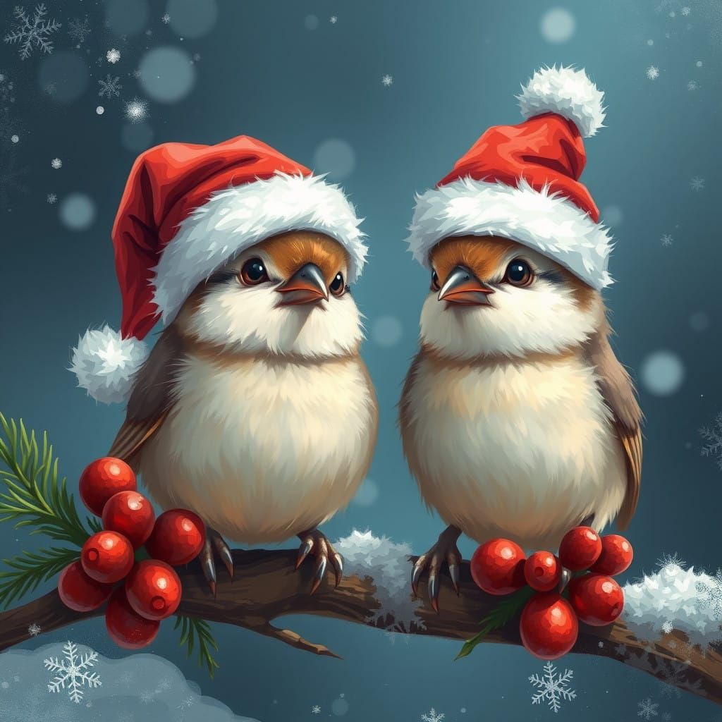 Anime Style Baby Sparrows Celebrate Christmas