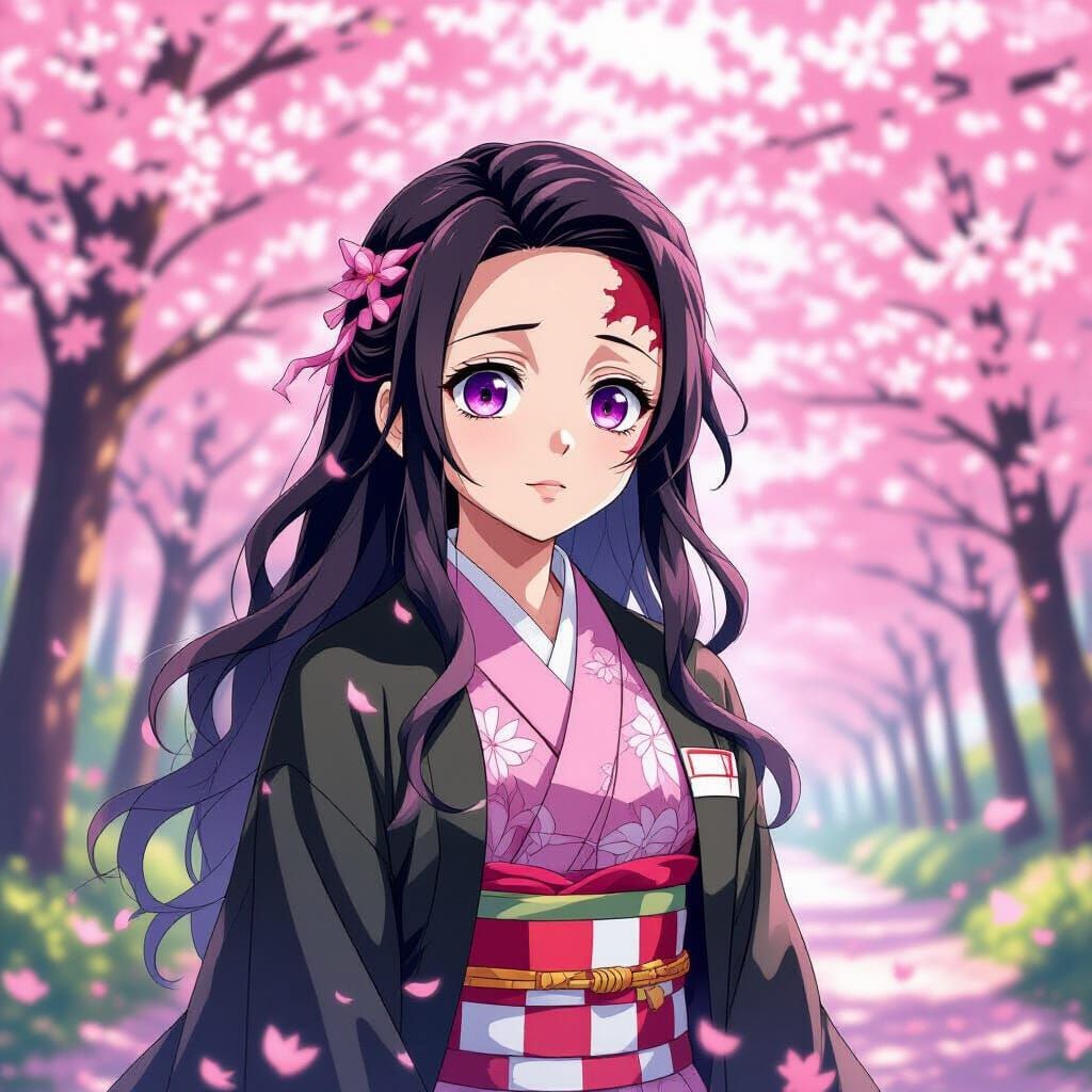 Nezuko in Cherry Blossom Forest Anime Art