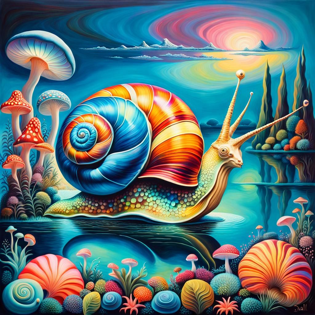Giant Snail Carries Bioluminescent Wonderland: Surreal Oil P...