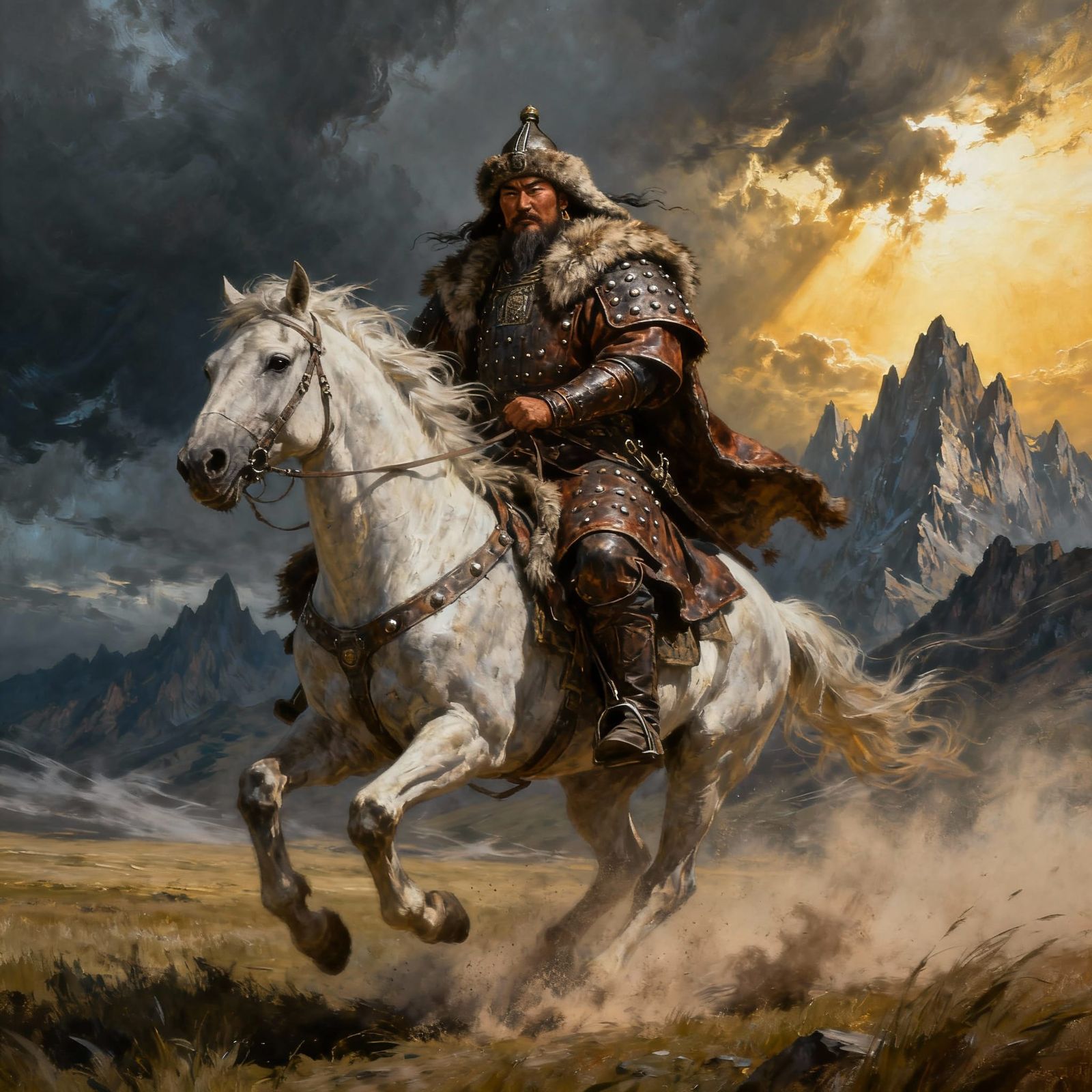 Genghis Khan on Horseback in Dramatic Steppe Landscape