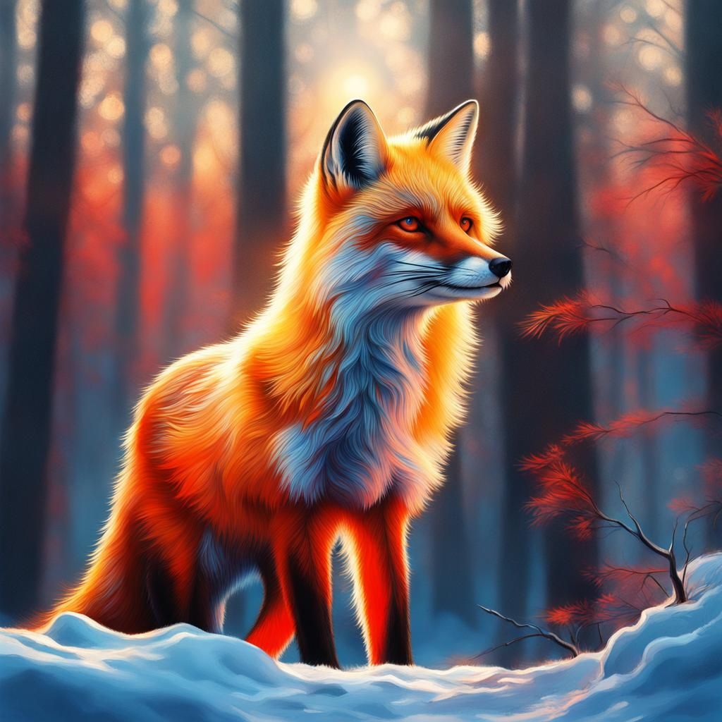 Gold and Blue Fox in Winter Forest