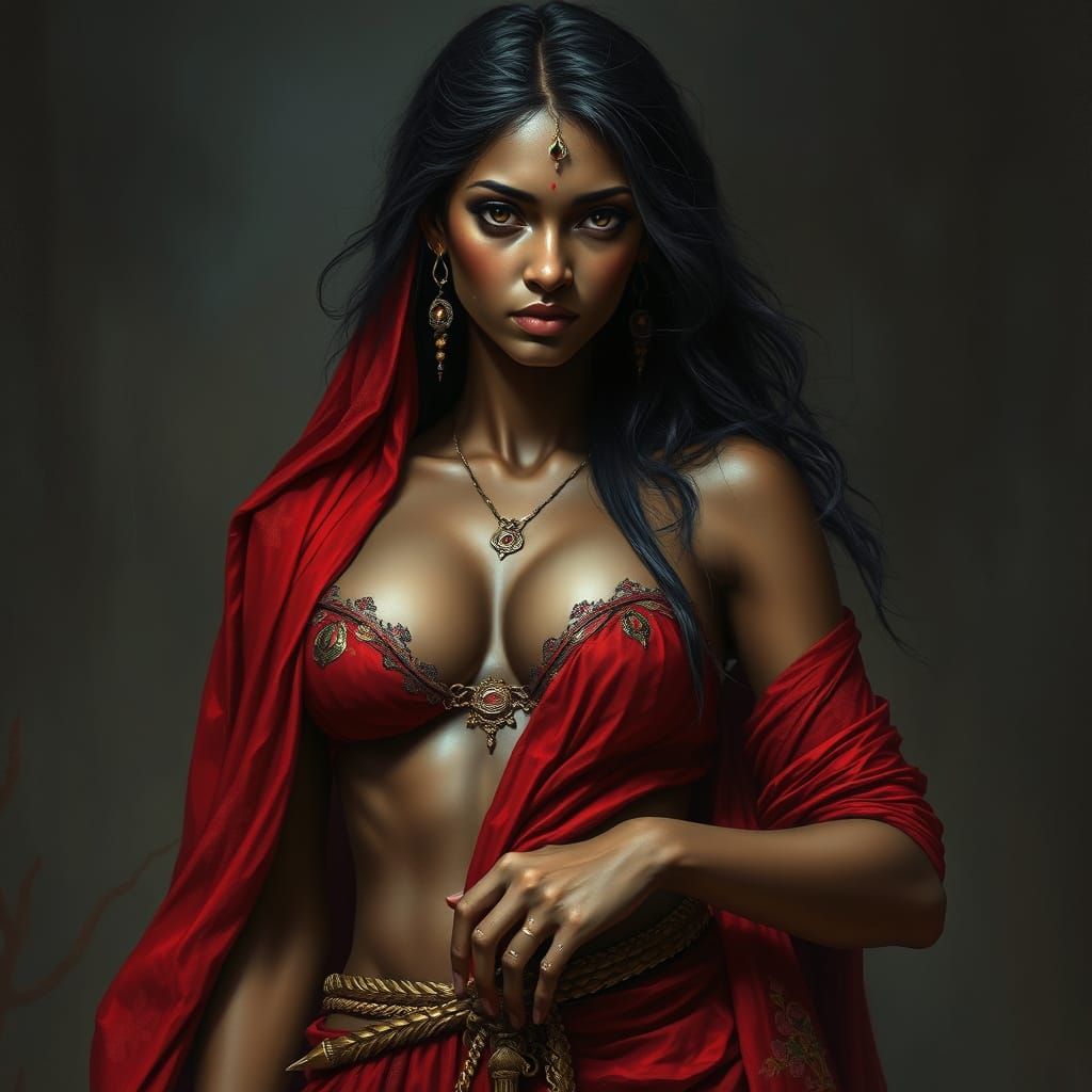 Baroque Dark Beauty Unveiled in Crimson Robe