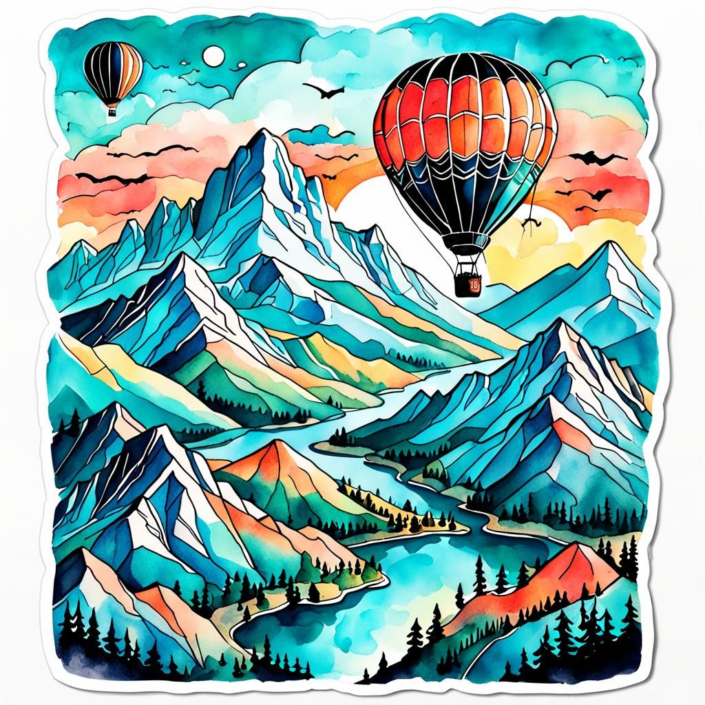 Hot Air Balloon Over Mountains in Watercolor Style
