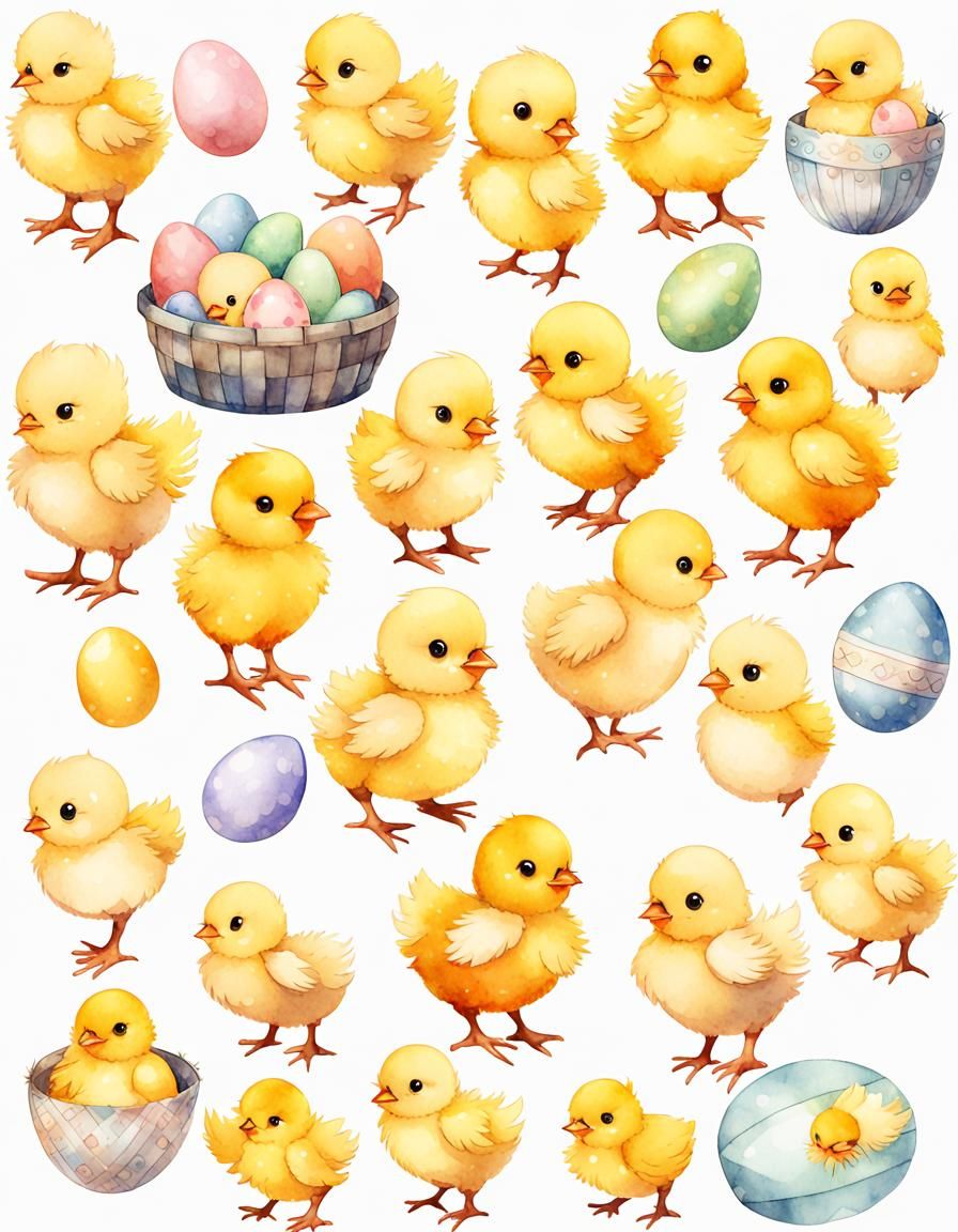 Watercolor Easter Chicks Clipart in Anime Style