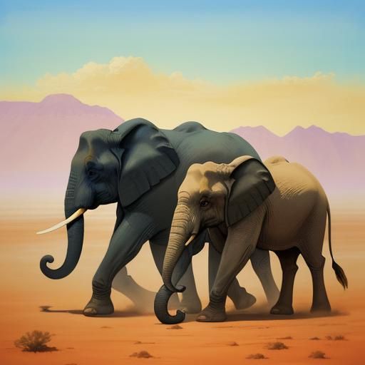 Desert Elephant Caravan in Gouache Watercolor Style