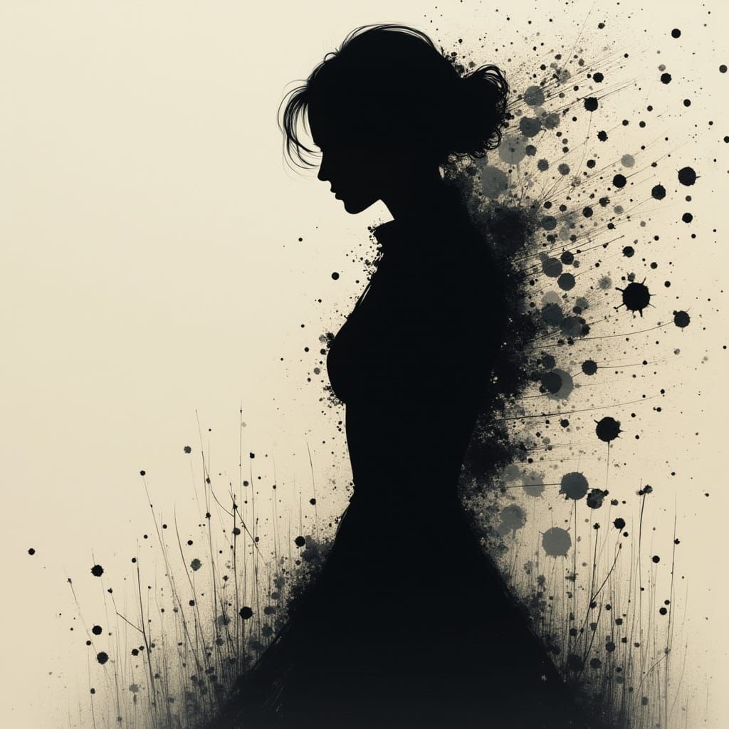 Woman Silhouette in Modern European Ink and Watercolor