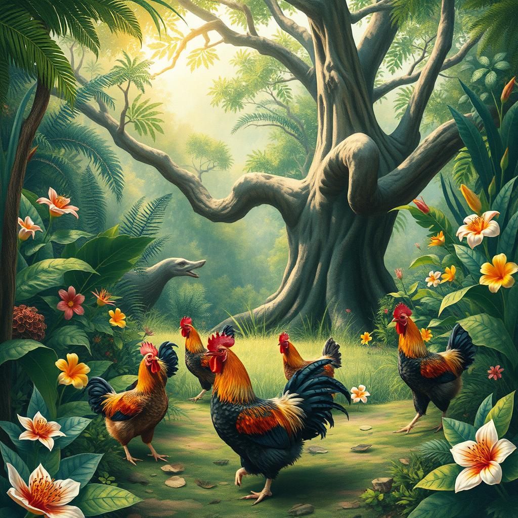 Feral Chickens in Lush Jungle, Naive Art Style