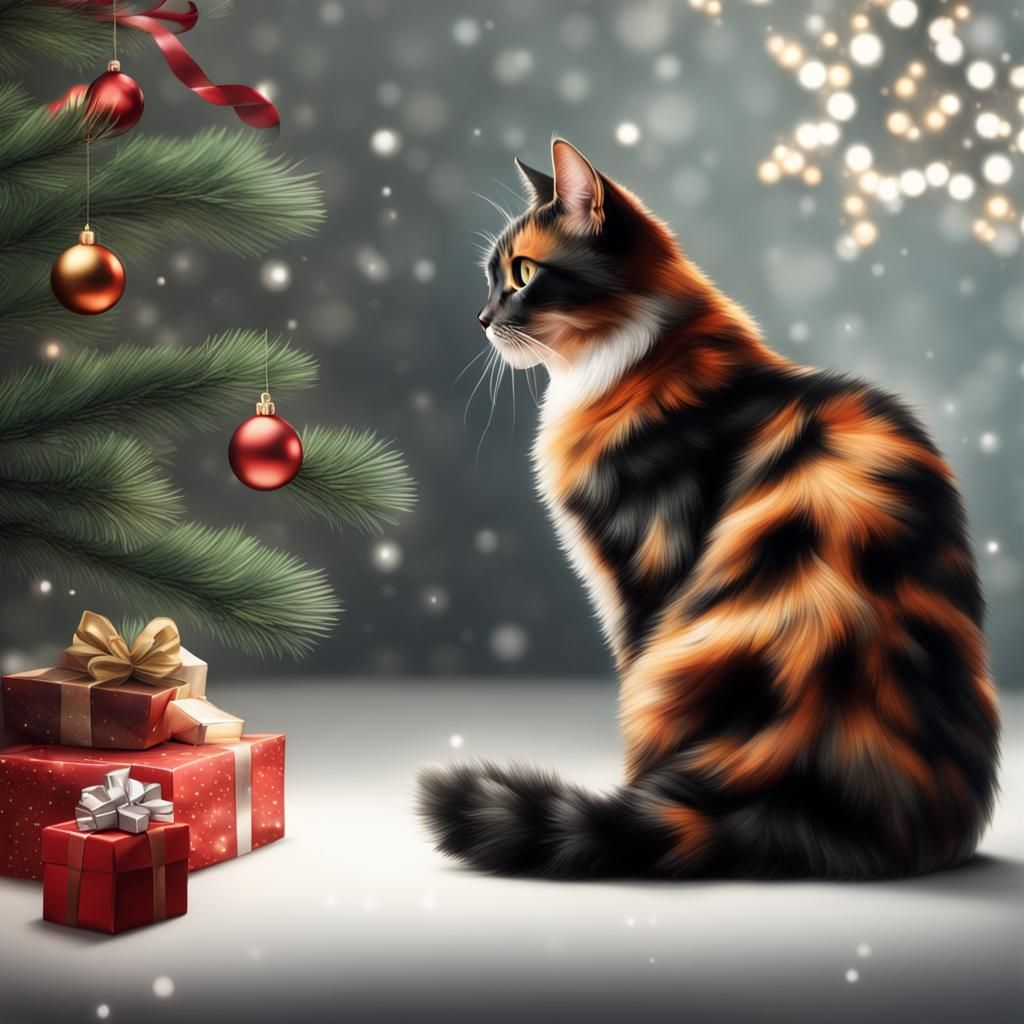 Tortoiseshell Cat Contemplates Christmas Tree