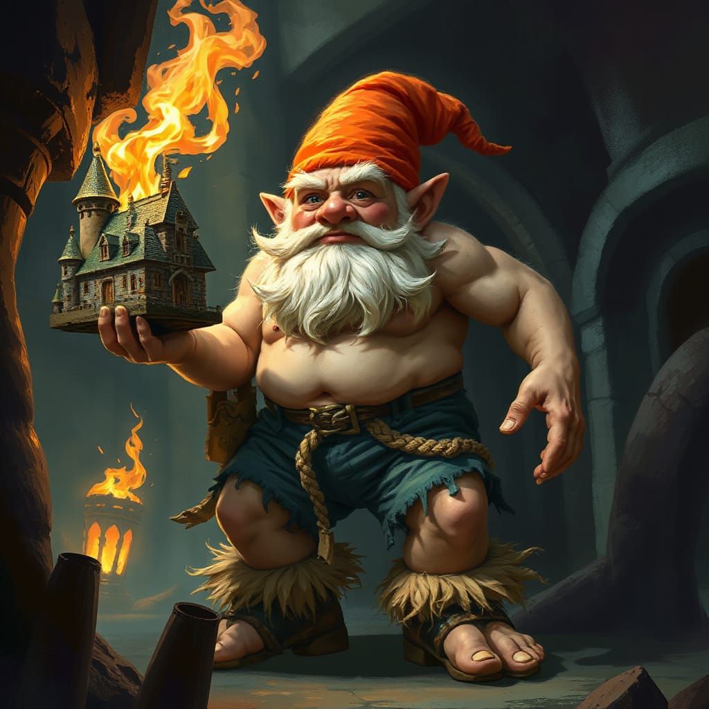 Giant Gnome Holds Miniature Castle in Torchlit Dungeon