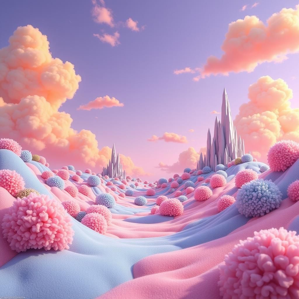 Whimsical Fantasy World with Cotton Candy Plants